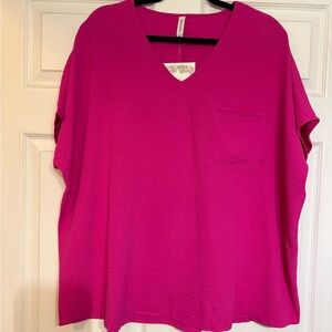 Zenana Women's Oversized V-Neck Pocket Top - Hot Pink